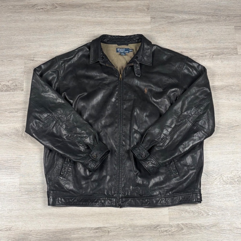 Polo Ralph Lauren Leather Bomber Jacket Mens XXL Black Full Zip Houndstooth